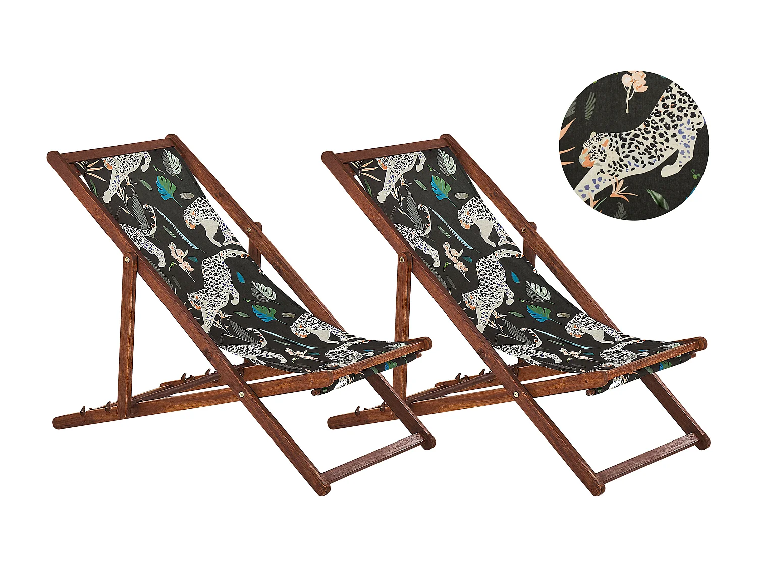 Lot de 2 chiliennes pliantes ANZIO avec tissus de remplacement Motif animal Acacia Marron foncé