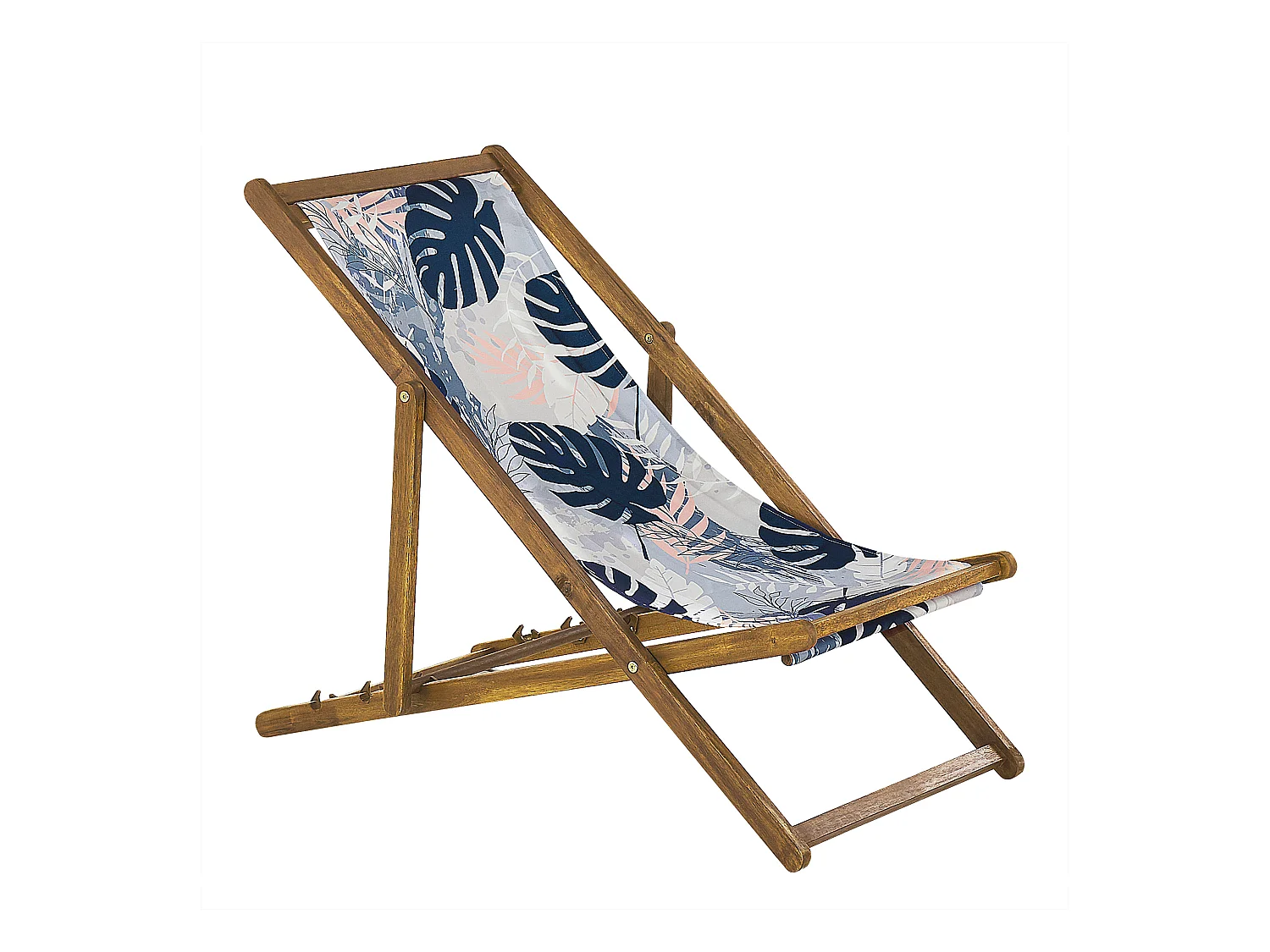 Zwei Liegestühle aus hellem Akazienholz Stoffbezüge Blättermotiv bunt Anzio