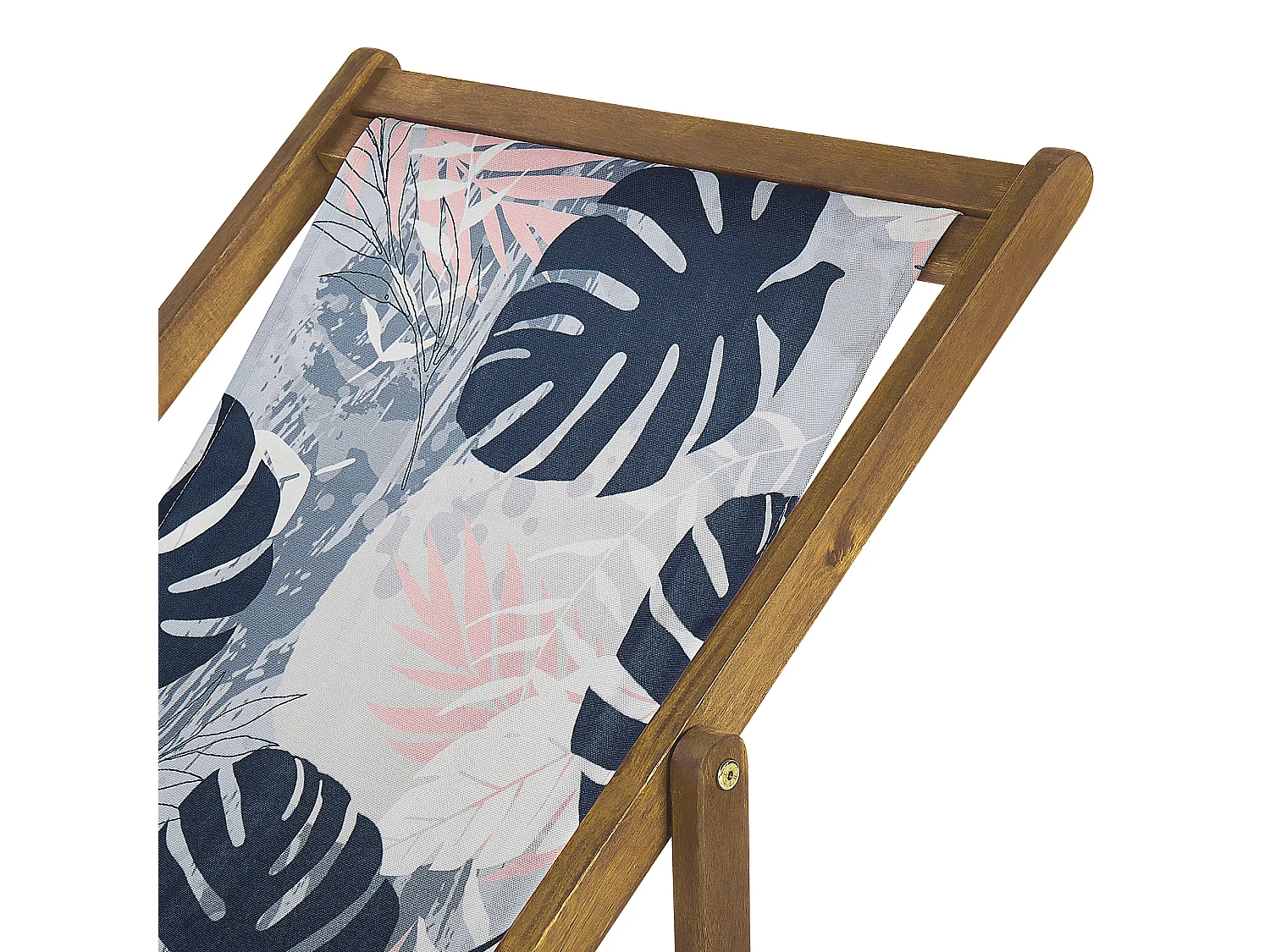 Zwei Liegestühle aus hellem Akazienholz Stoffbezüge Blättermotiv bunt Anzio