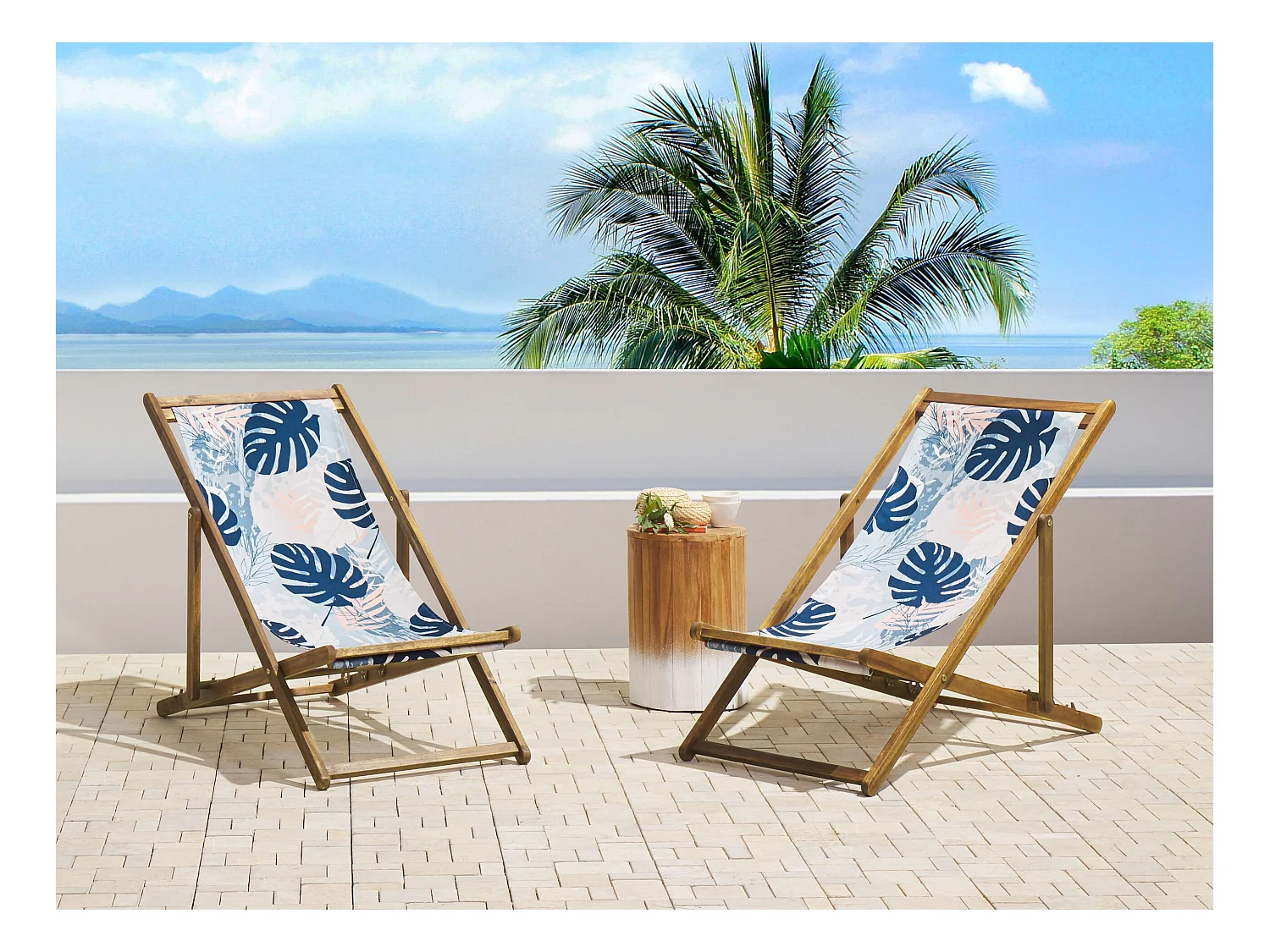 Lot de 2 chiliennes pliantes ANZIO avec tissus de remplacement Motif floral Acacia Marron clair