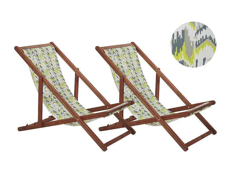 Conjunto de 2 cadeiras de praia dobráveis ANZIO com tecidos de substituição Motivo abstracto Madeira de acácia Castanho escuro