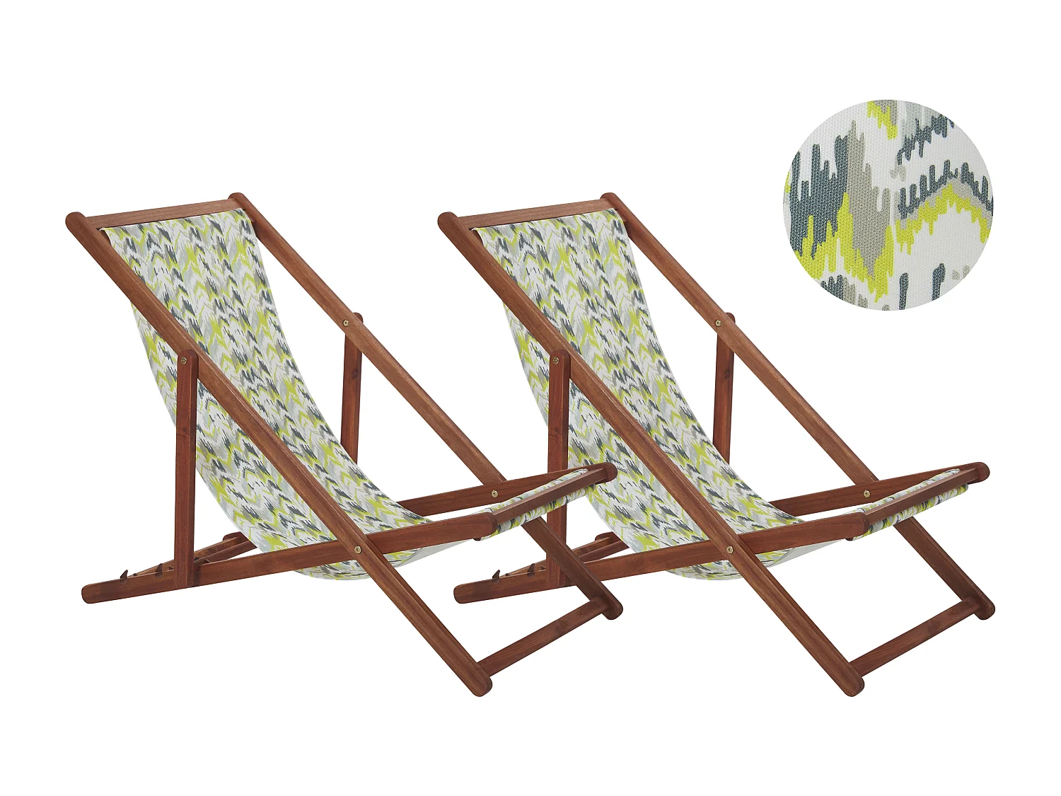 Zwei Liegestühle aus dunklem Akazienholz Stoffbezüge gelb Zick Zack Muster Anzio