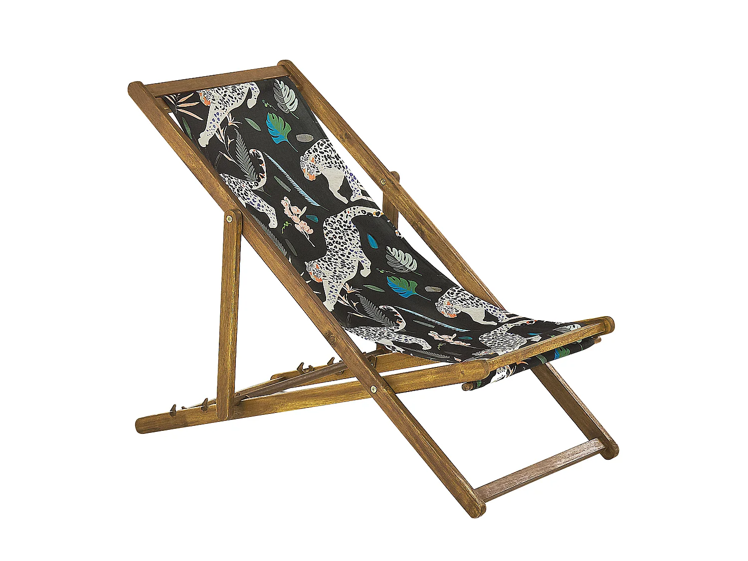 Zwei Liegestühle aus hellem Akazienholz Stoffbezüge Gepardenmotiv schwarz Anzio