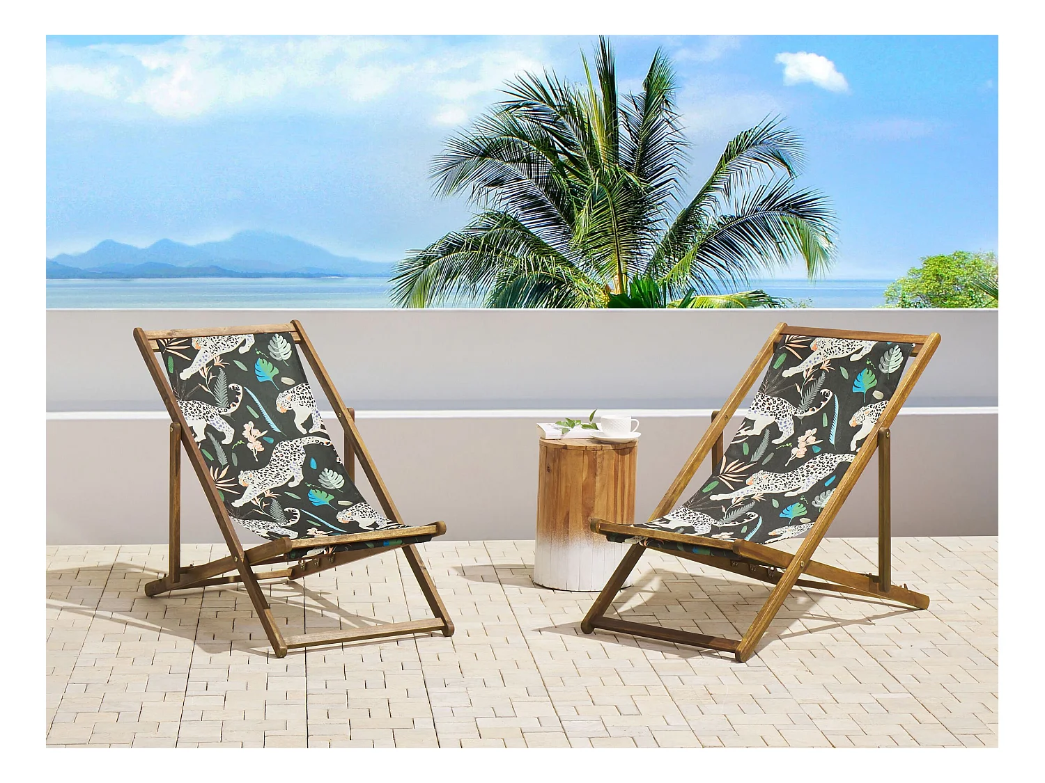 Lot de 2 chiliennes pliantes ANZIO avec tissus de remplacement Motif animal Acacia Marron clair