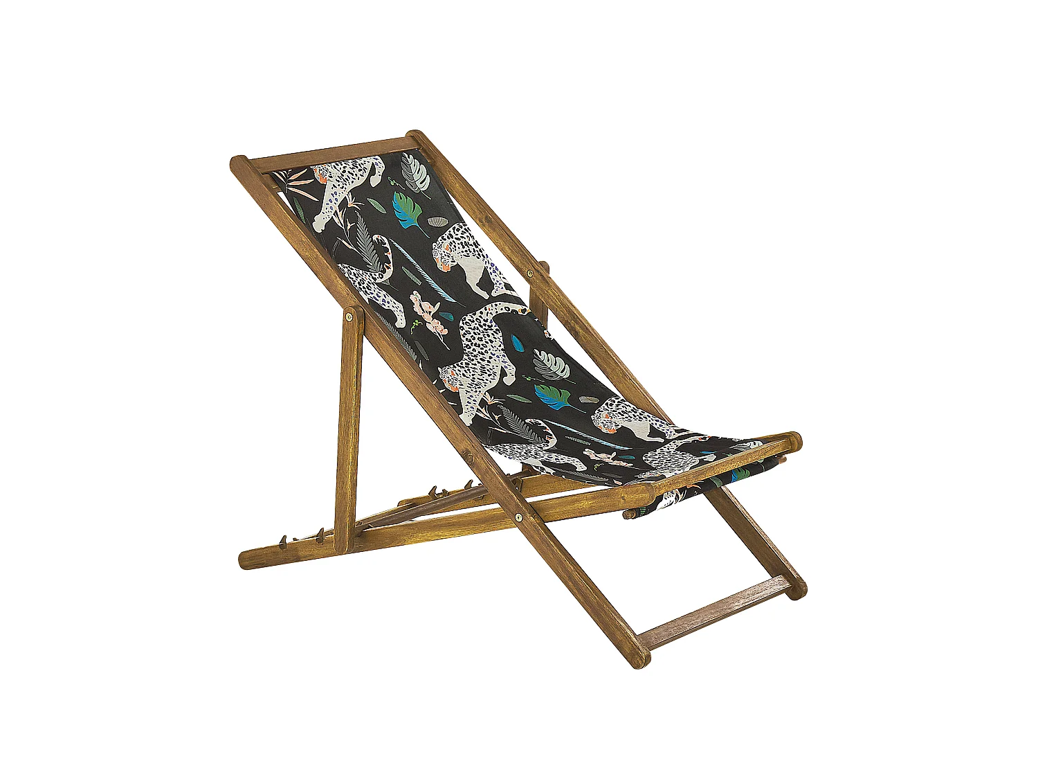 Zwei Liegestühle aus hellem Akazienholz Stoffbezüge Gepardenmotiv schwarz Anzio