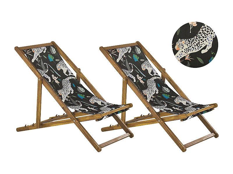 Lot de 2 chiliennes pliantes ANZIO avec tissus de remplacement Motif animal Acacia Marron clair