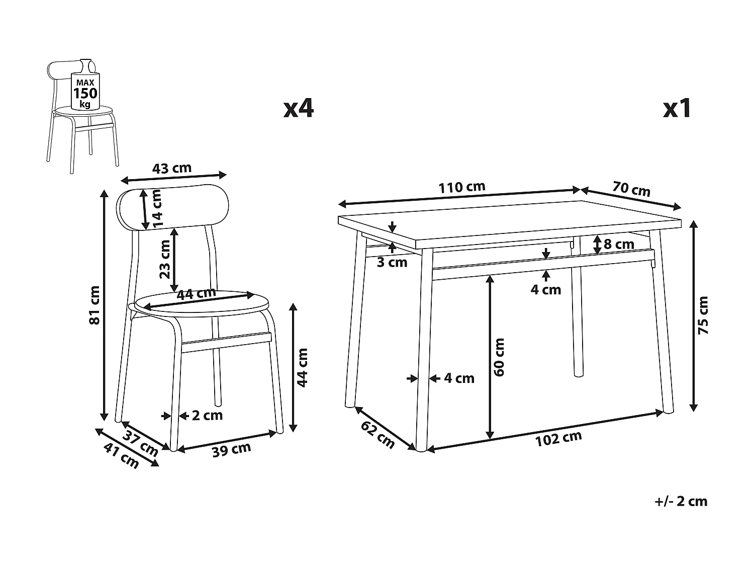 Zestaw do jadalni VELDEN Jasnoszary dla 4 osób