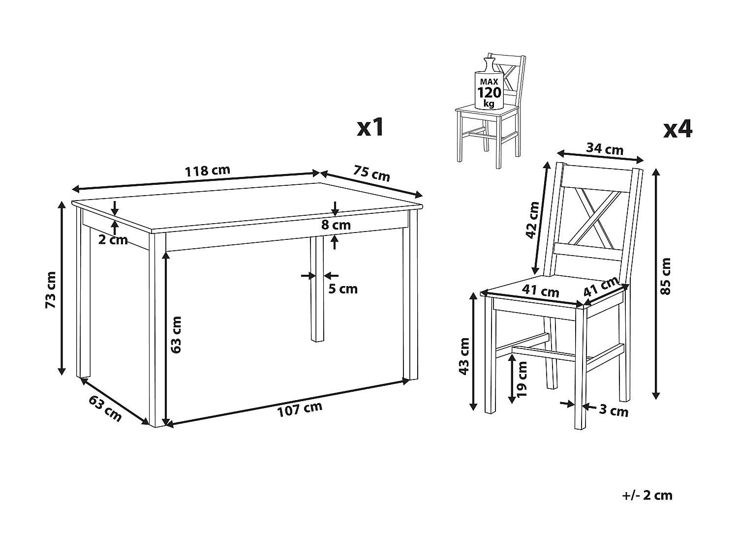 Eetkamerset MOANA Dennenhout Wit 4-zitter