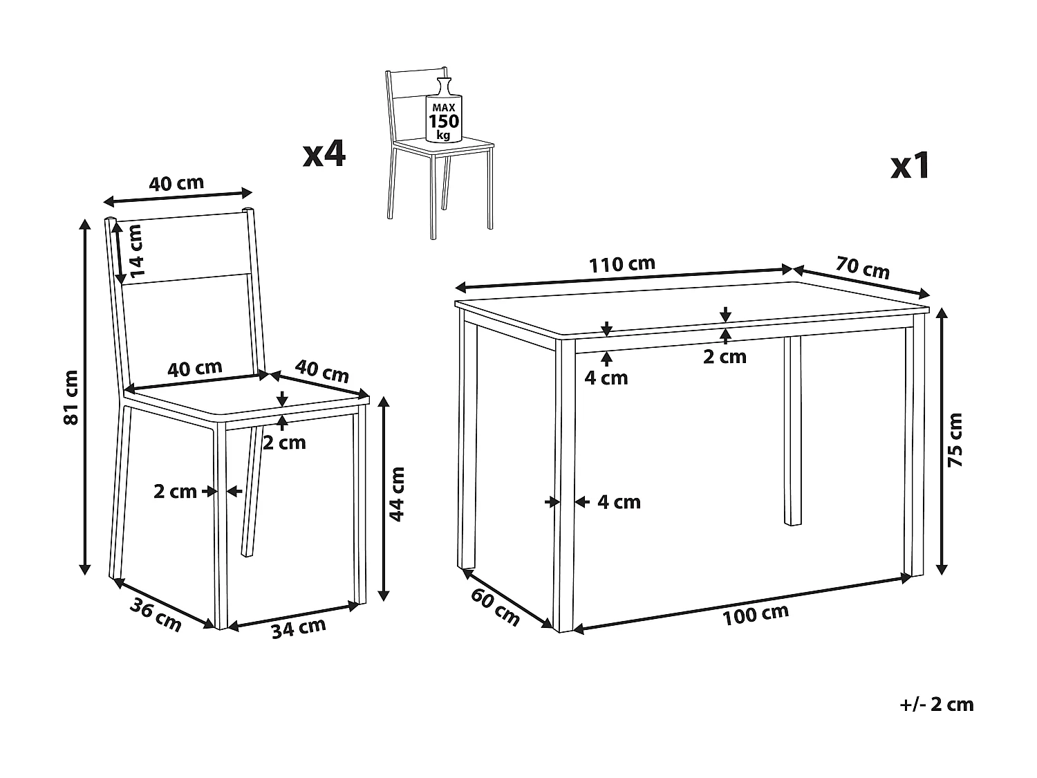 Conjunto de refeição 4 lugares castanho escuro e preto HAMRY