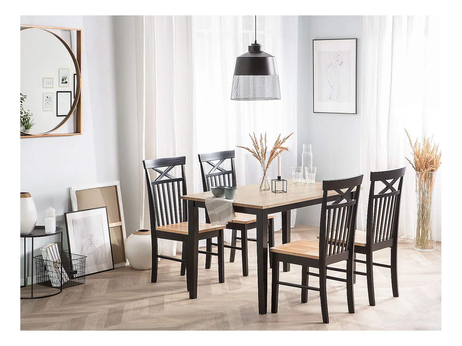 Set da pranzo 4 posti legno chiaro/nero HOUSTON