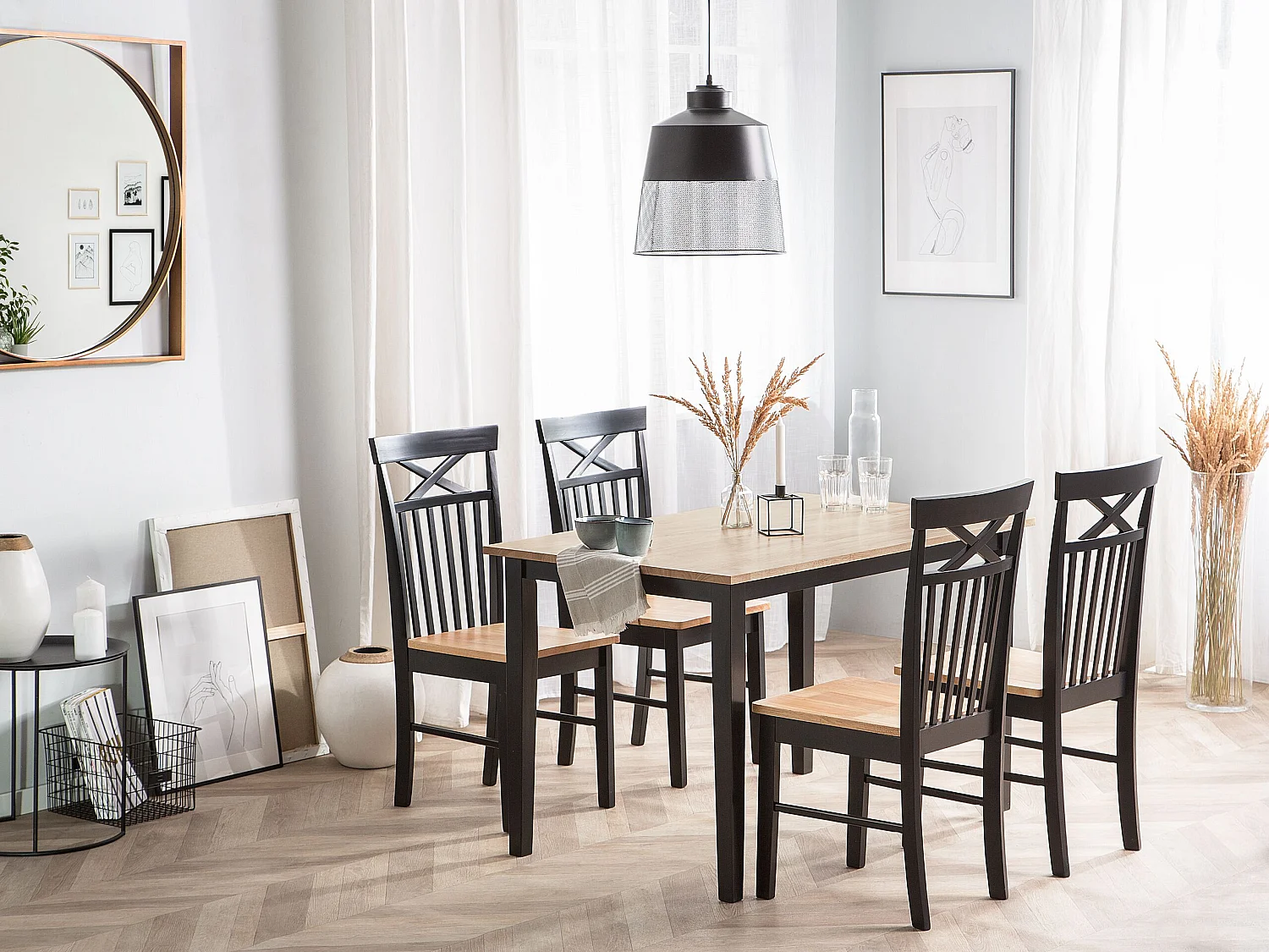 Set da pranzo 4 posti legno chiaro/nero HOUSTON