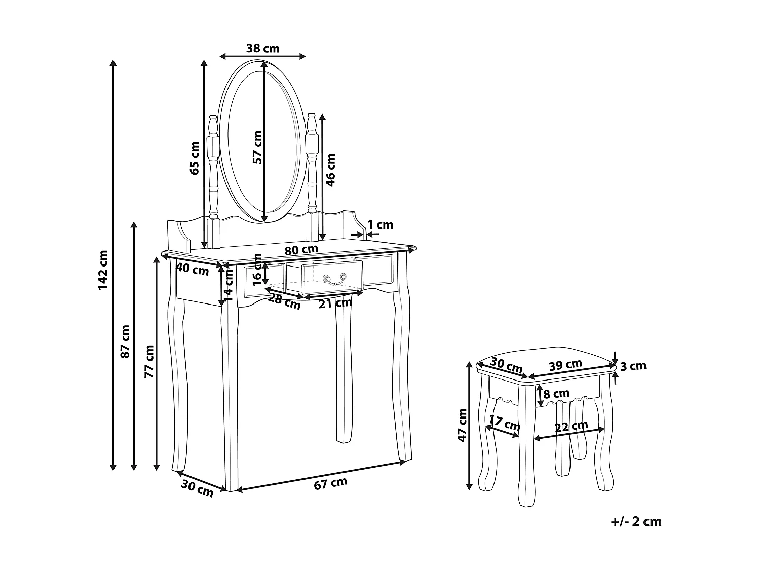 Coiffeuse avec miroir et tabouret SOLEIL Blanc