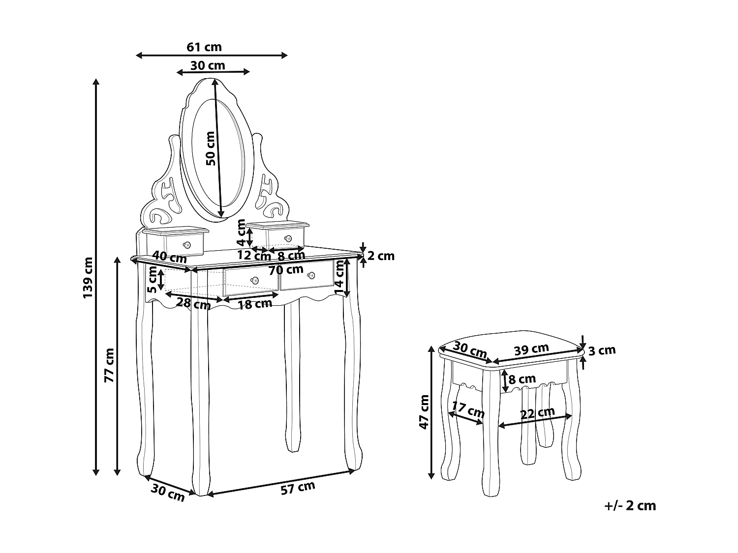Coiffeuse avec miroir et tabouret AMOUR Blanc