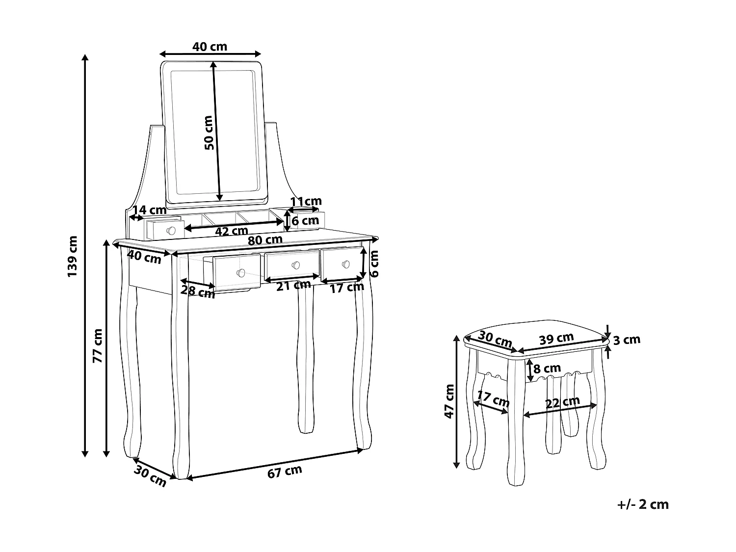 Schminktisch mit rechteckigem Spiegel Hocker 5 Schubladen weiß RAYON