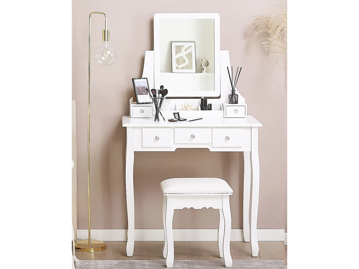 Coiffeuse avec miroir et tabouret RAYON Blanc