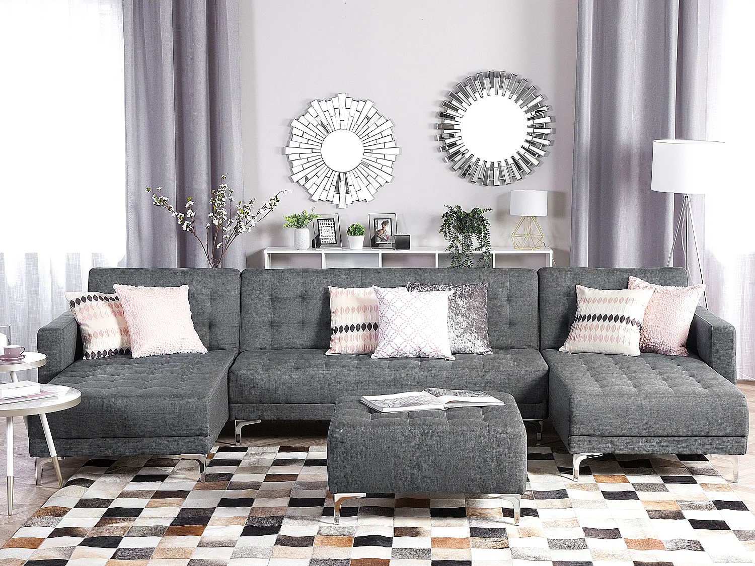 Canapé-lit modulable en forme de U 5 places ABERDEEN Tissu Gris clair avec ottoman