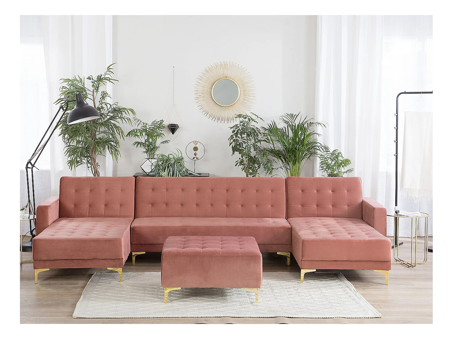 Sofá cama modular en U ABERDEEN Terciopelo Rosa con otomana 5 plazas