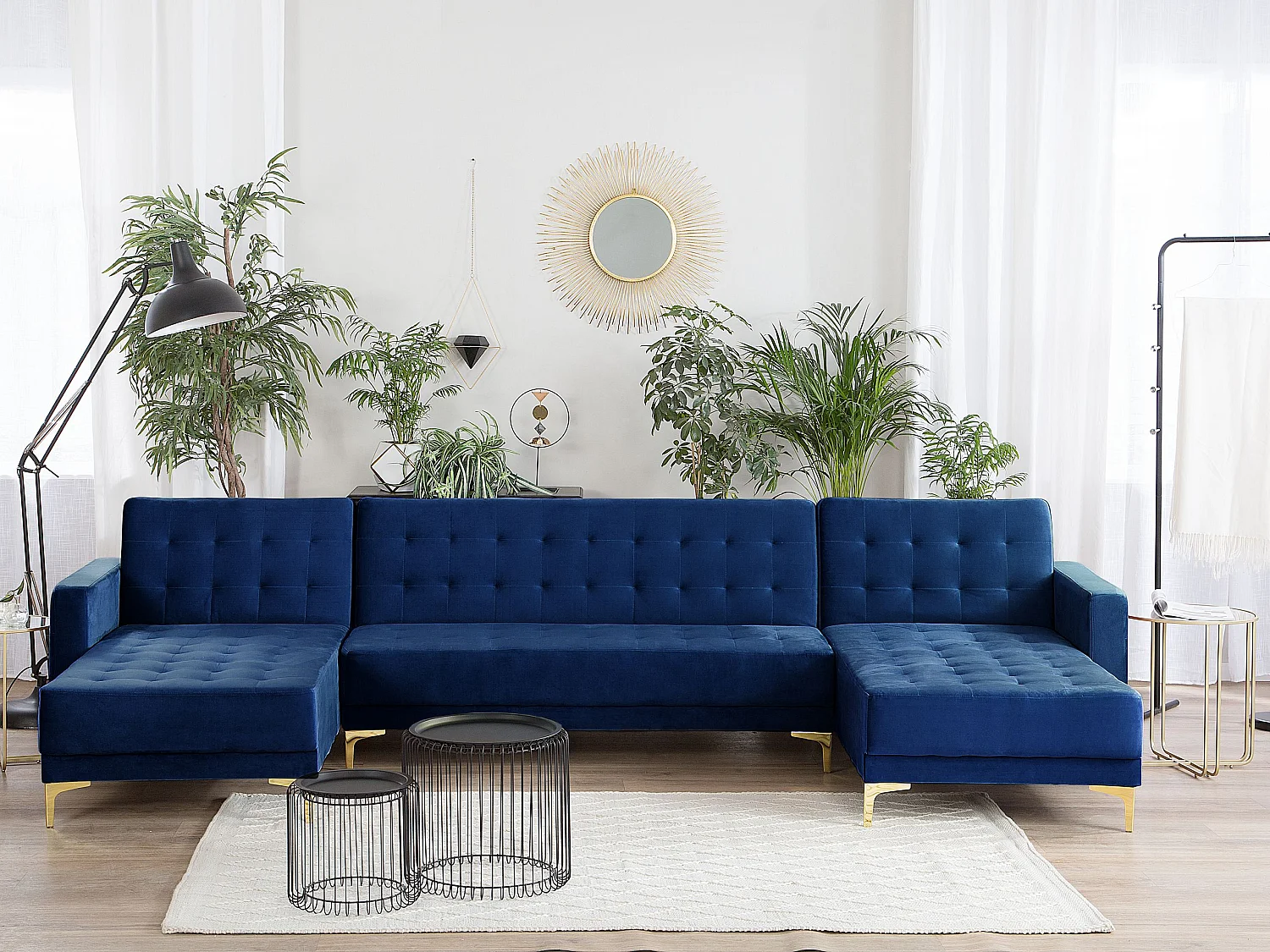Canapé-lit modulable en forme de U 5 places ABERDEEN Velours Bleu marine