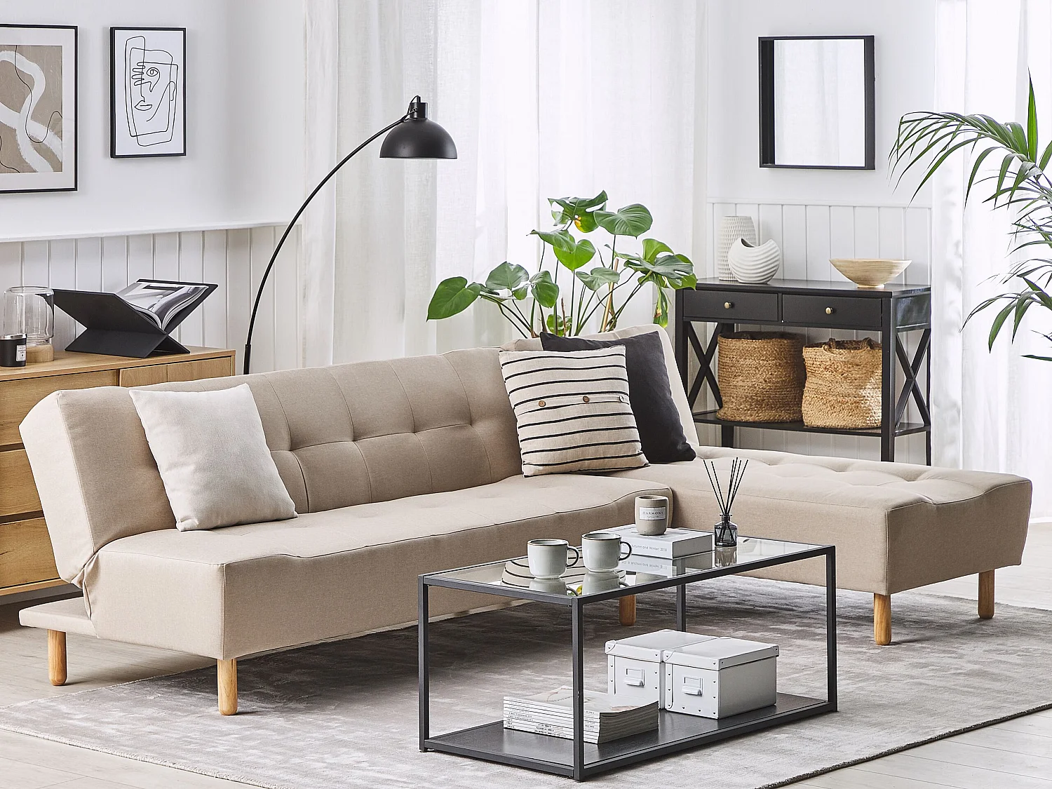 Canapé-lit d'angle modulable 4 places ALSTEN Tissu Beige clair Côté droite