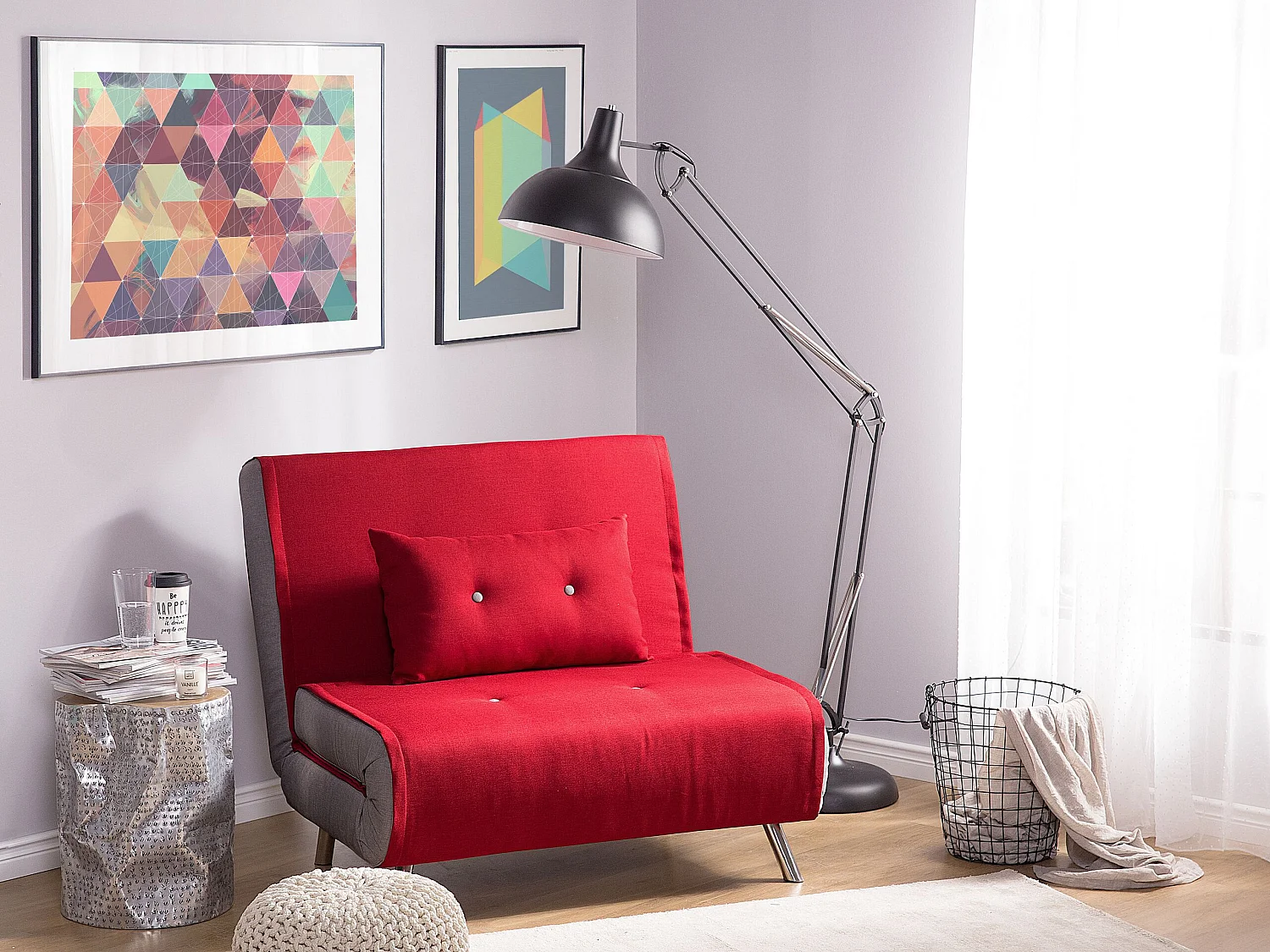 1-Sitzer Schlafsofa Stoff rot mit hohen Edelstahlbeinen Kissen modern Farris