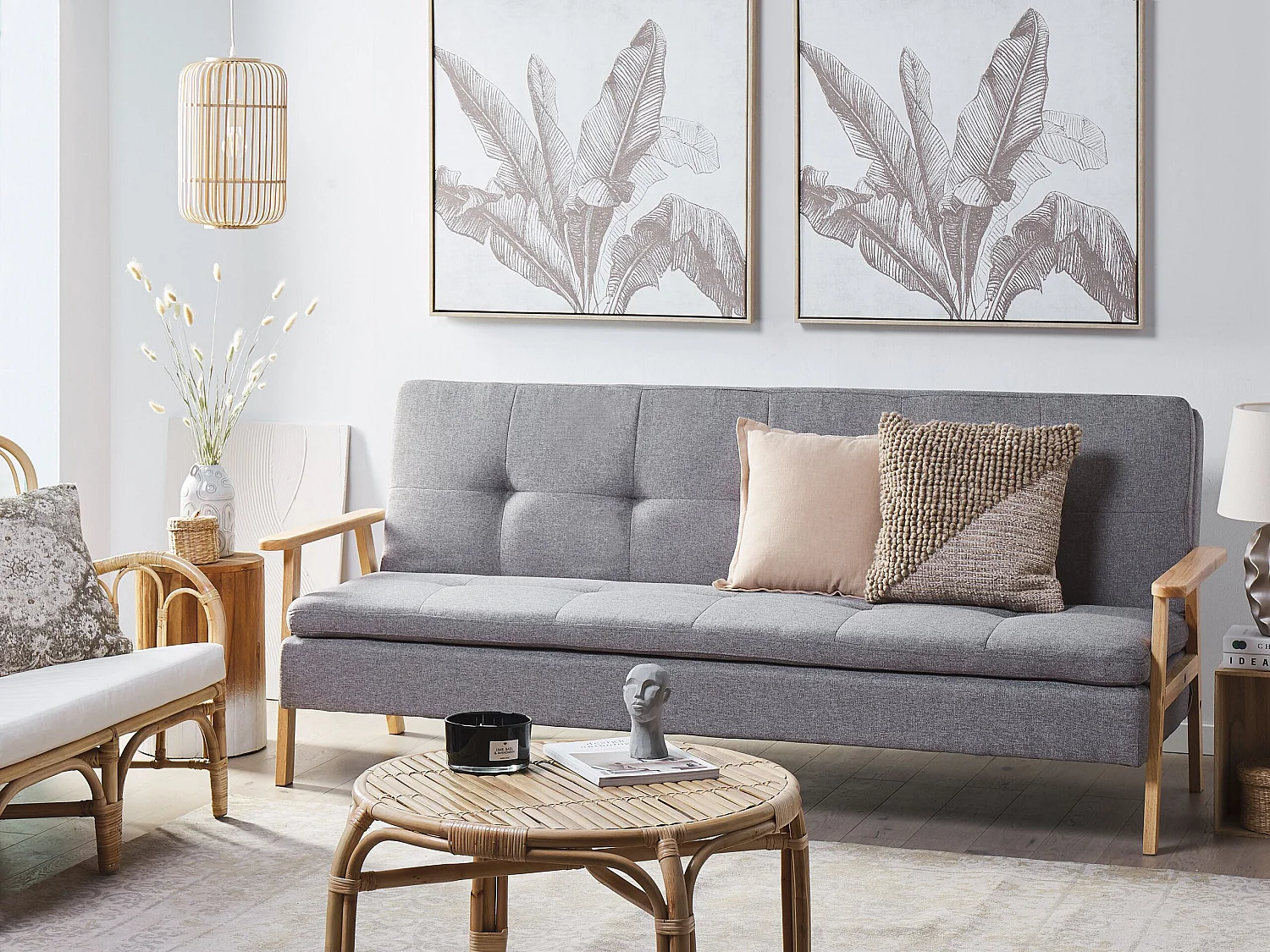 3-Sitzer Sofa Stoff hellgrau gesteppt Schlaffunktion Armlehnen hellbraun Tjorn