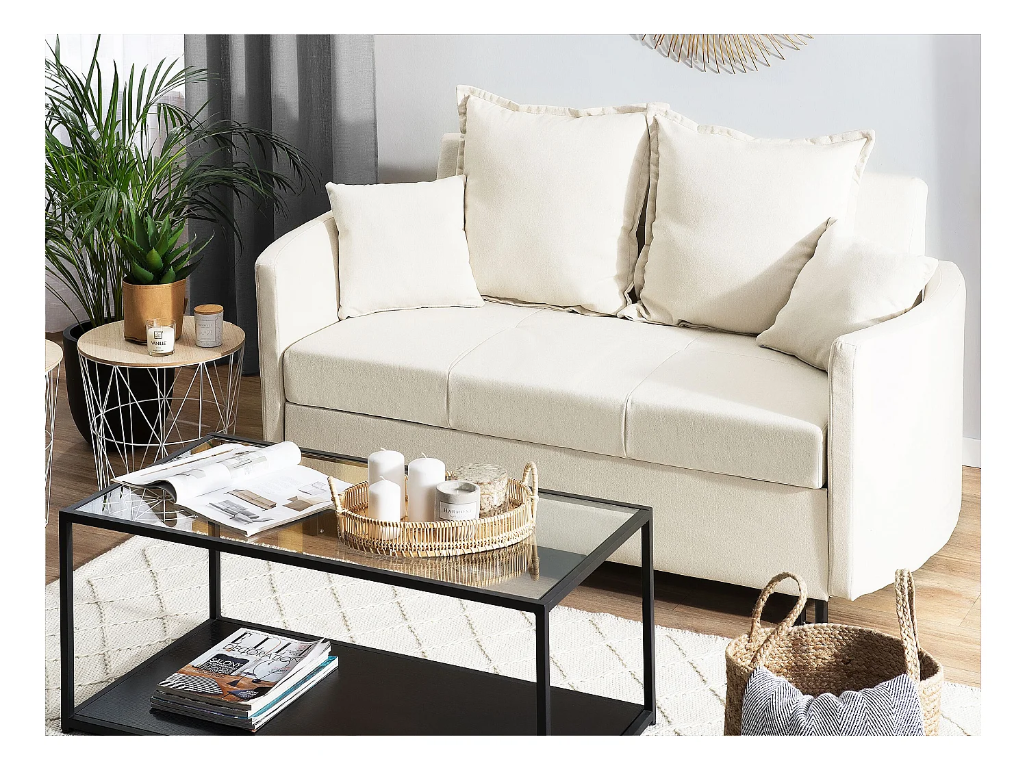 2-Sitzer Sofa mit Schlaffunktion Stoff beige creme Dekokissen Schlafsofa Hovin