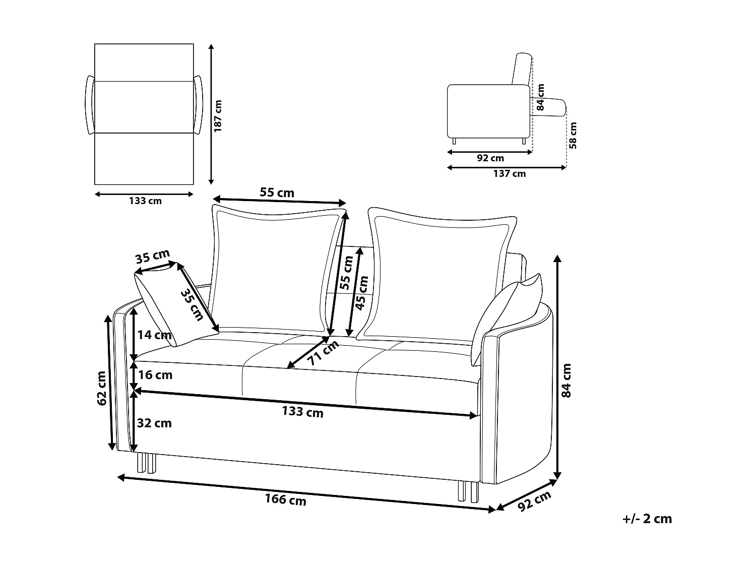 2-Sitzer Sofa mit Schlaffunktion Stoff beige creme Dekokissen Schlafsofa Hovin