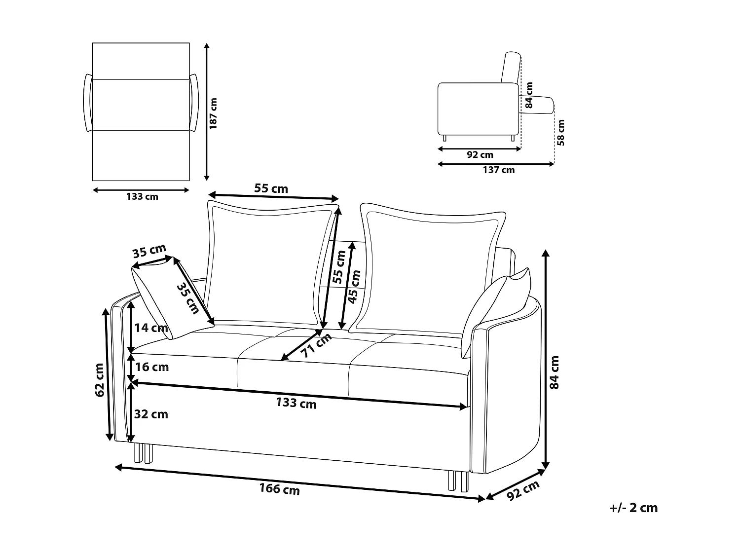 2-Sitzer Sofa mit Schlaffunktion Stoff beige creme Dekokissen Schlafsofa Hovin
