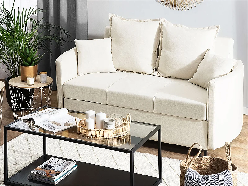 2-Sitzer Sofa mit Schlaffunktion Stoff beige creme Dekokissen Schlafsofa Hovin