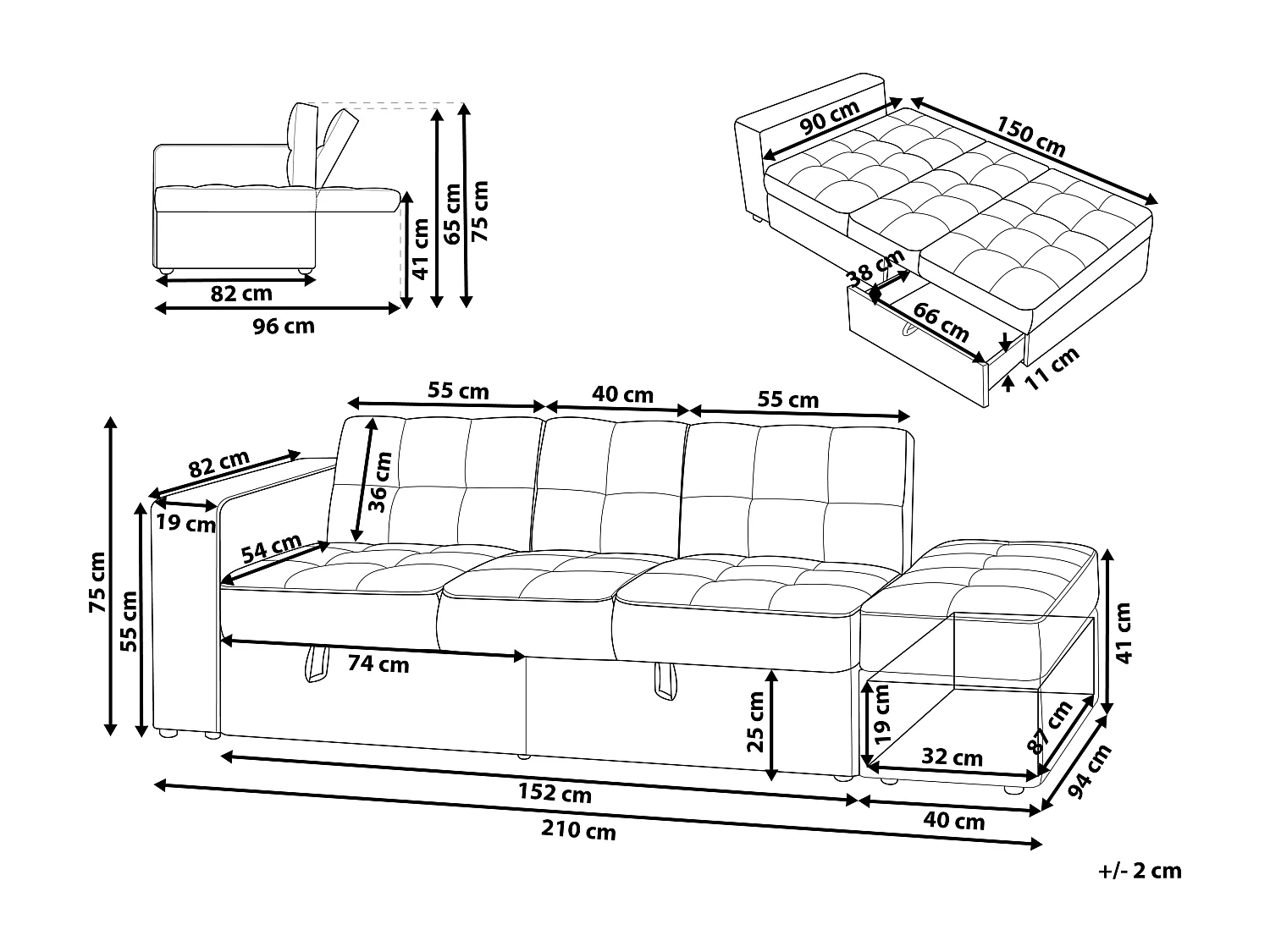 Canapé-lit 3 places FALSTER Tissu Gris clair avec rangement