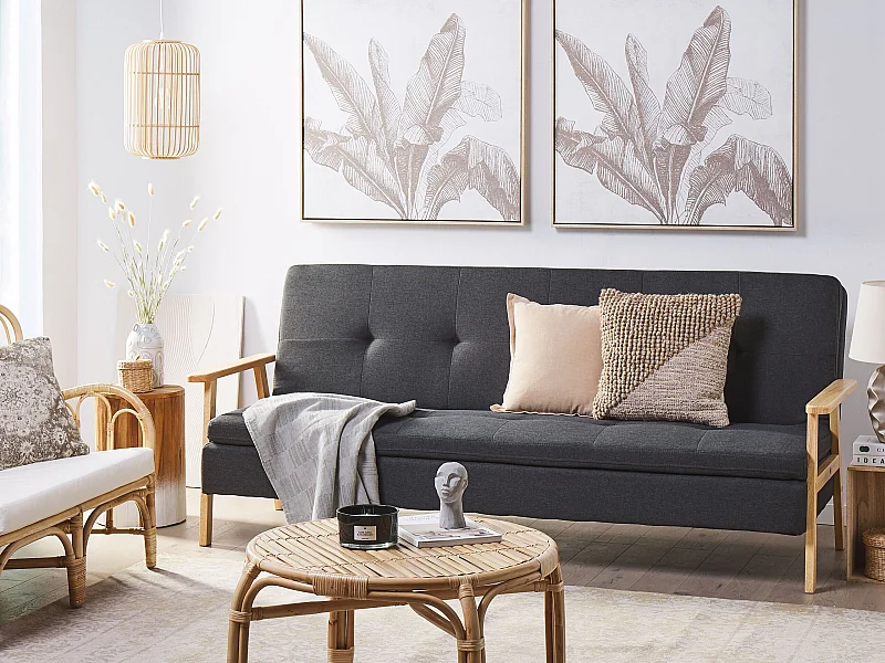 3-Sitzer Sofa Stoff dunkelgrau gesteppt Schlaffunktion Armlehnen hellbraun Tjorn