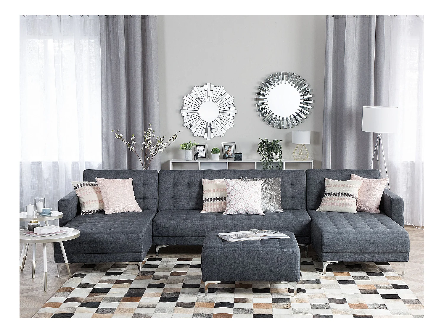 Sofá cama modular en U ABERDEEN Tela Gris oscuro con otomana 5 plazas