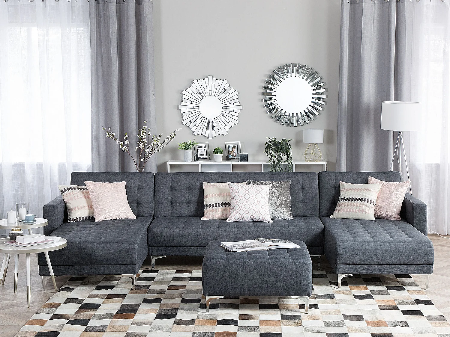 Canapé-lit modulable en forme de U 5 places ABERDEEN Tissu Gris foncé avec ottoman