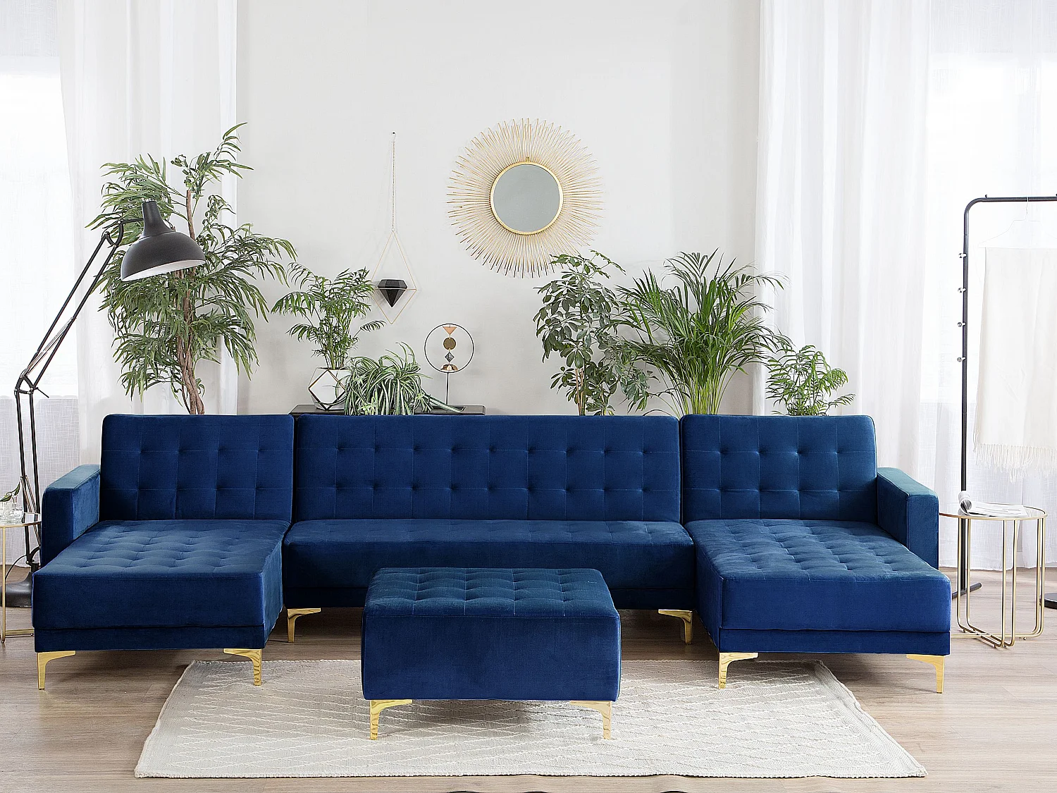 Canapé-lit modulable en forme de U 5 places ABERDEEN Velours Bleu marine avec ottoman