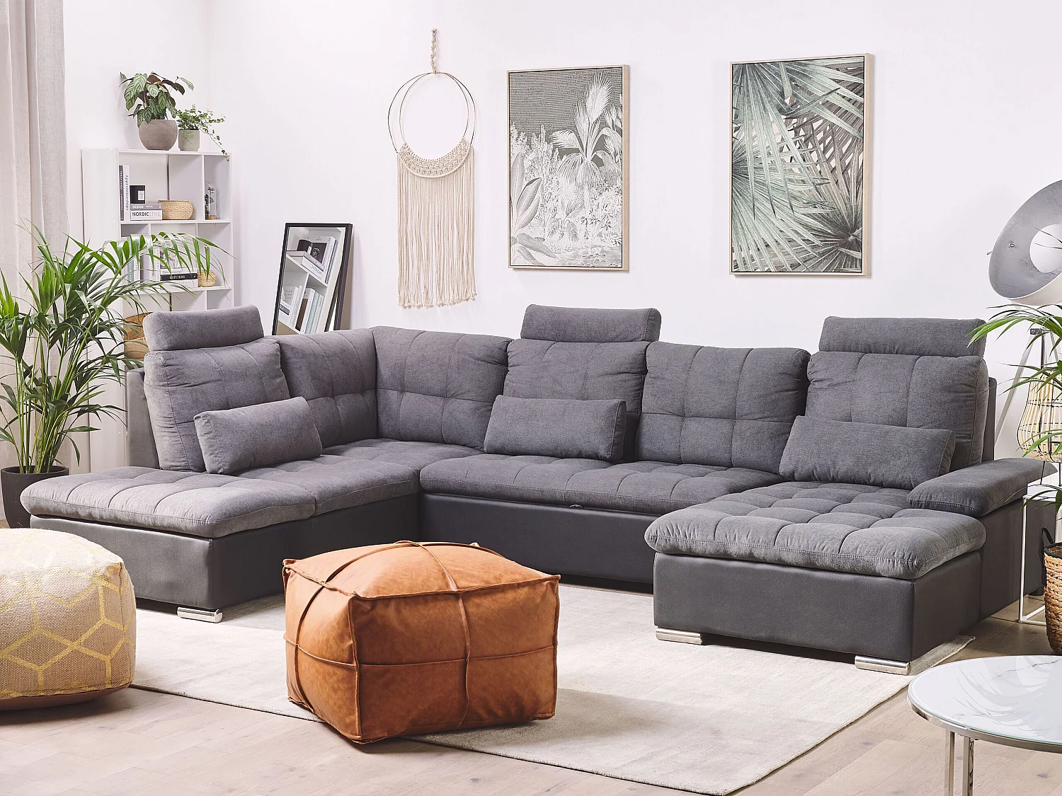 Canapé-lit en forme de U 5 places HALDEN Tissu Gris foncé avec rangement Côté droit