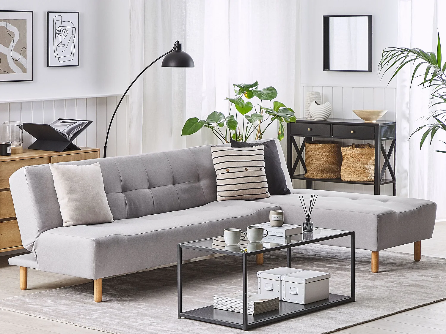 Canapé-lit d'angle modulable 4 places ALSTEN Tissu Gris clair Côté droite