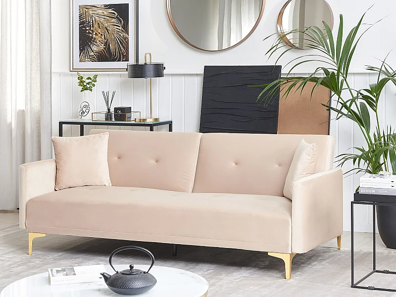 3-Sitzer Schlafsofa Samt beige gesteppt mit Metallbeinen gold 2 Kissen Lucan