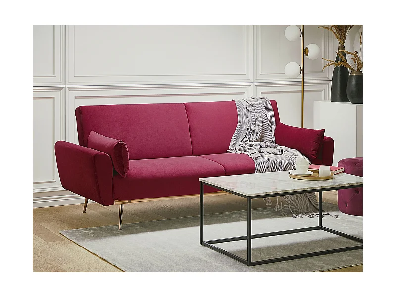 3-Sitzer Schlafsofa Samt rot mit Kissen hohe Metallbeine kupfer Retro-Stil Eina