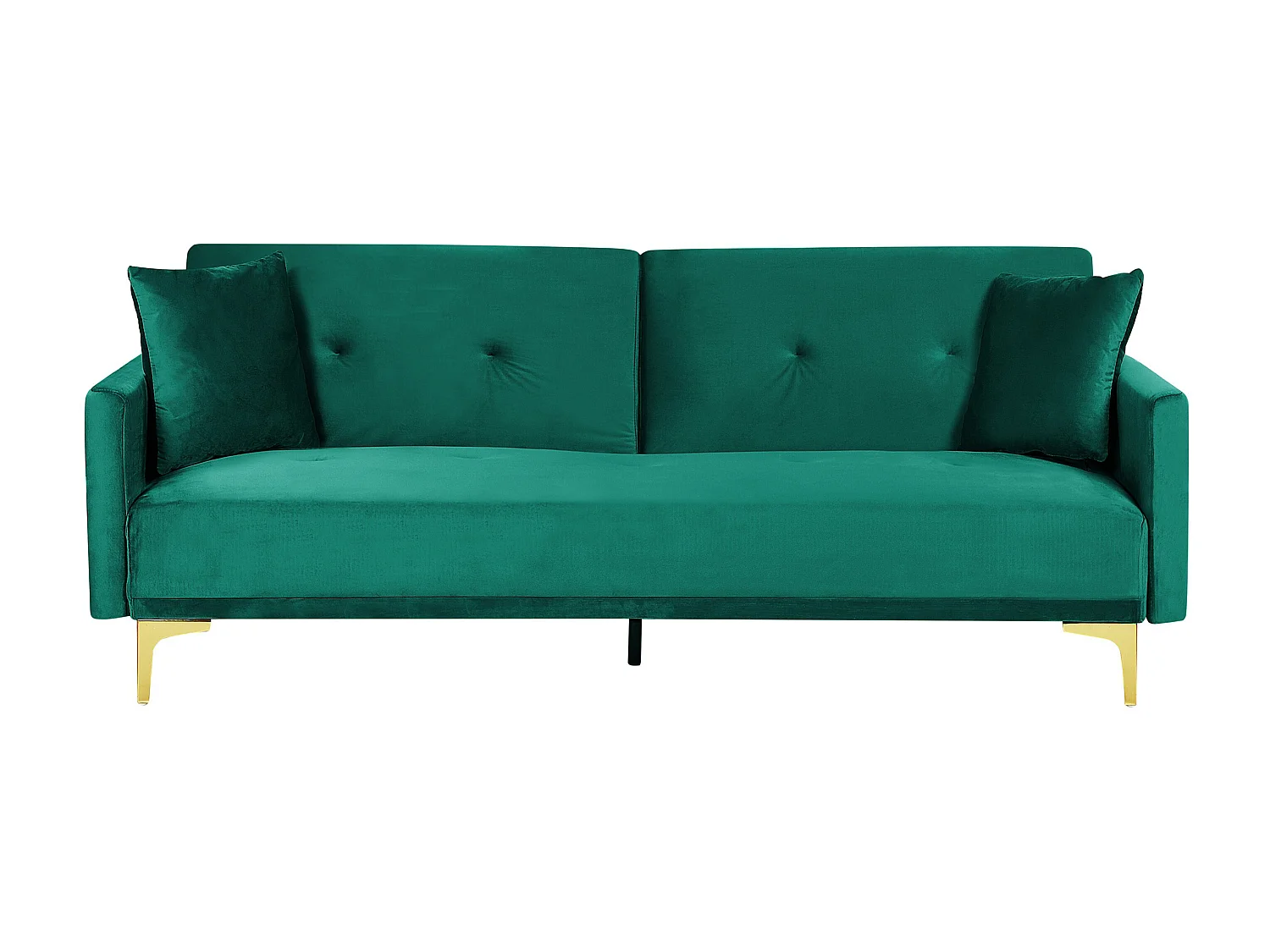 3-Sitzer Schlafsofa Samt grün gesteppt mit Metallbeinen gold 2 Kissen Lucan