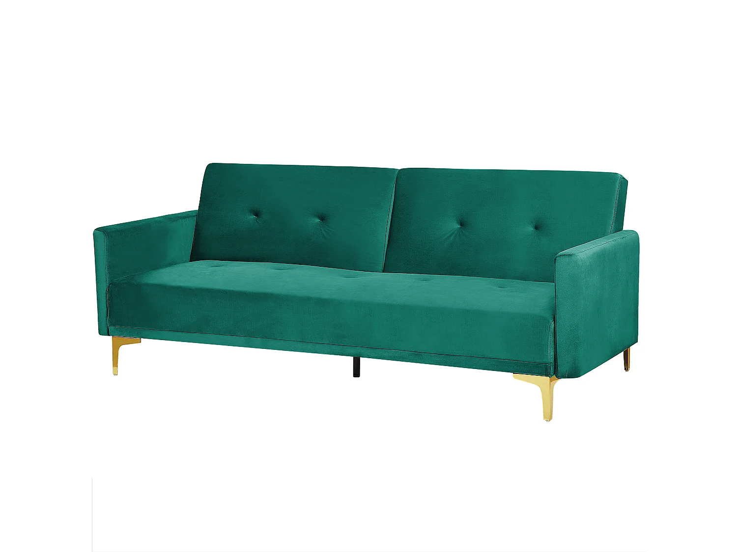 3-Sitzer Schlafsofa Samt grün gesteppt mit Metallbeinen gold 2 Kissen Lucan