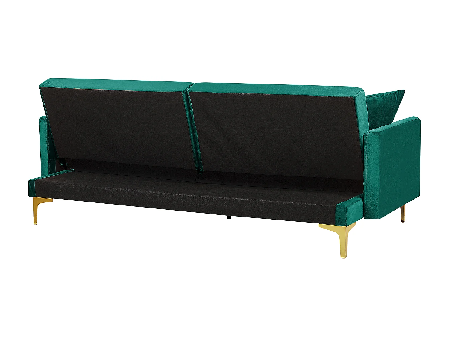 3-Sitzer Schlafsofa Samt grün gesteppt mit Metallbeinen gold 2 Kissen Lucan