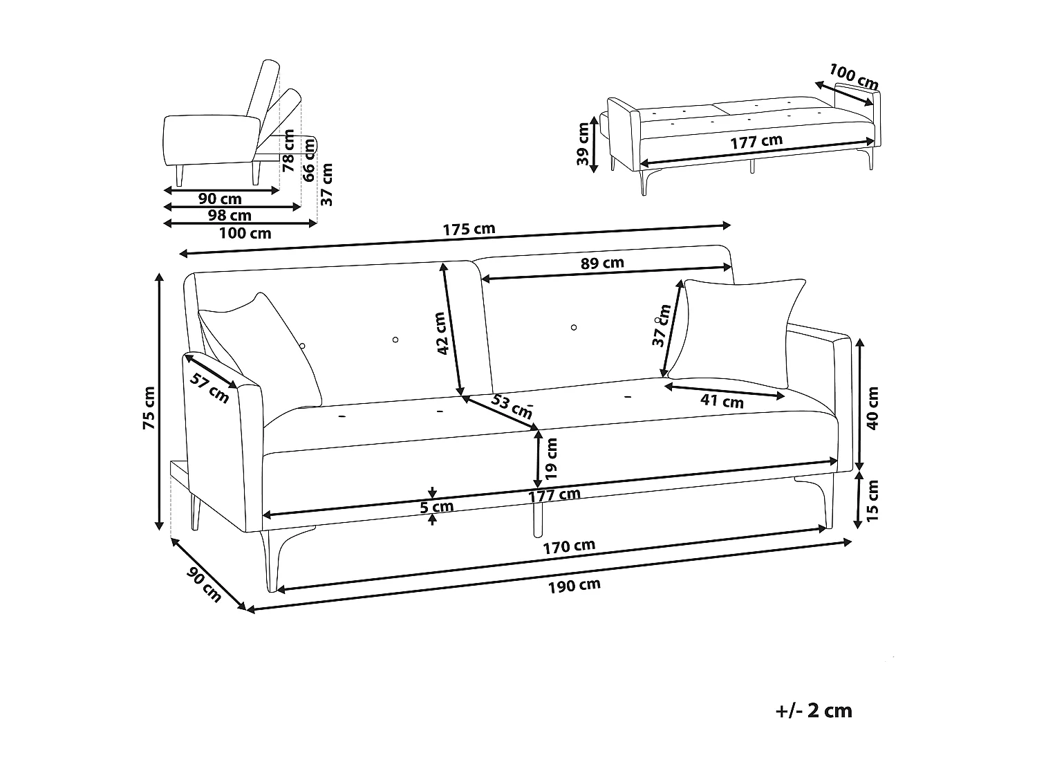 3-Sitzer Schlafsofa Stoff grau gesteppt mit Metallbeinen silber 2 Kissen Lucan