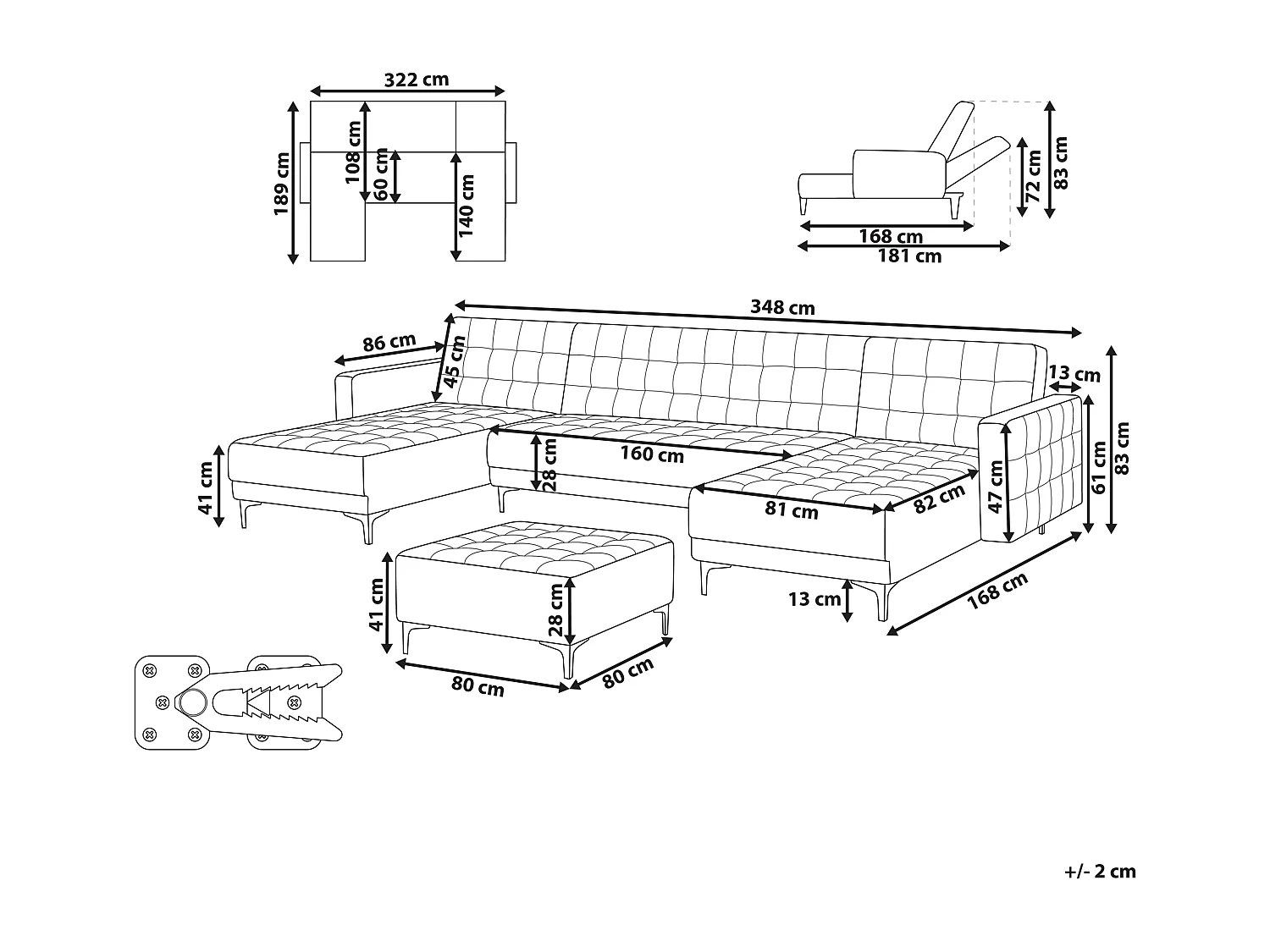 Modulaire U-vormige slaapbank ABERDEEN Fluweel Blauwgroen Met ottomaan 5-zitter