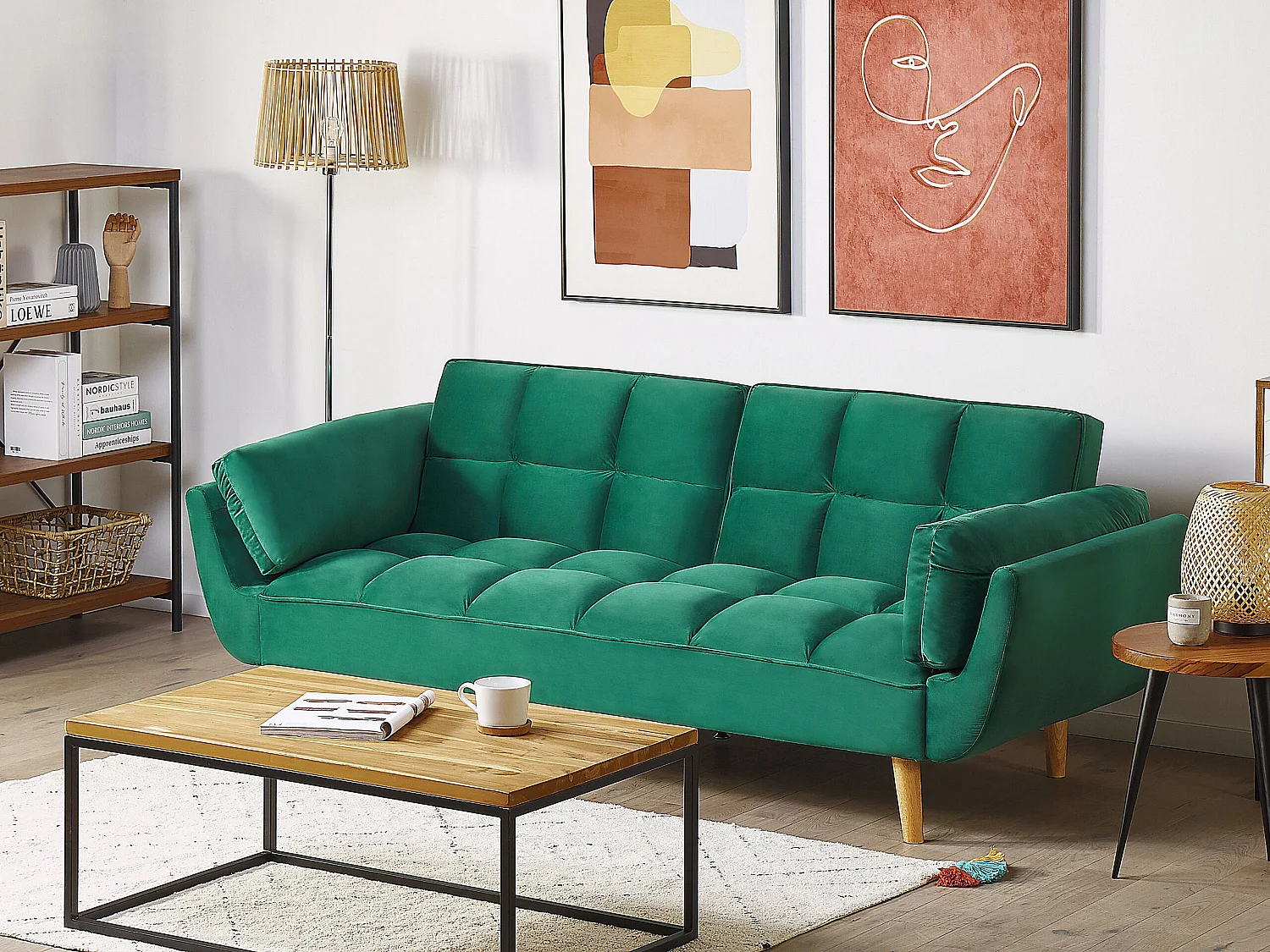 Schlafsofa 3-Sitzer Samtstoff grün elegant mit Kissen Asby