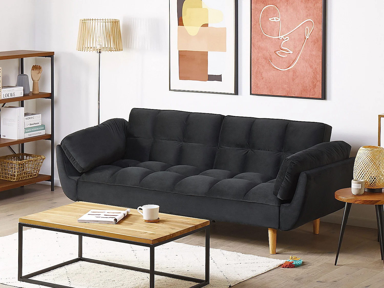 Schlafsofa 3-Sitzer Samtstoff schwarz elegant mit Kissen Asby