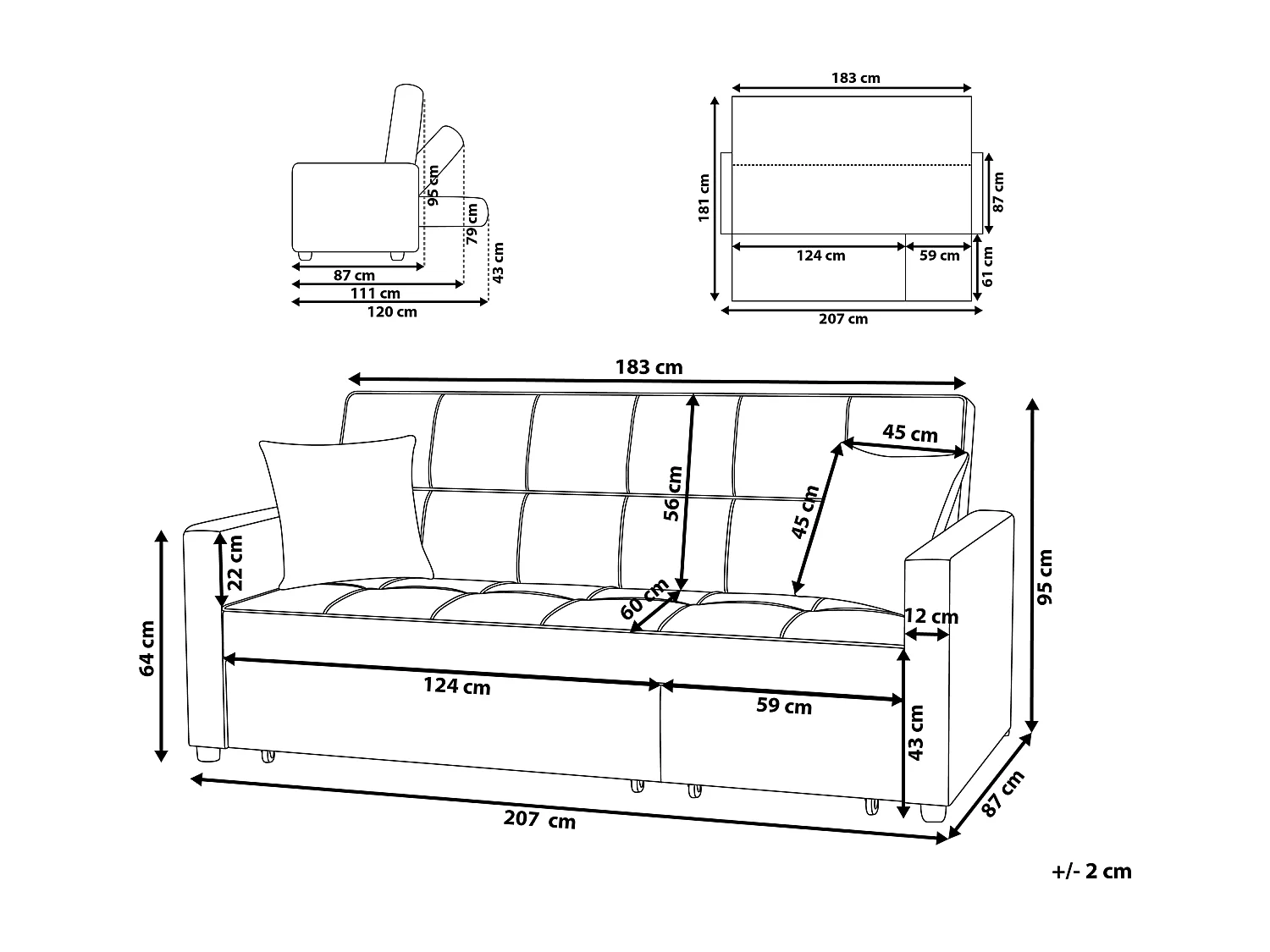 Schlafsofa Sofa mit Schlaffunktion Gästebett Polstersofa dunkelgrau Glomma