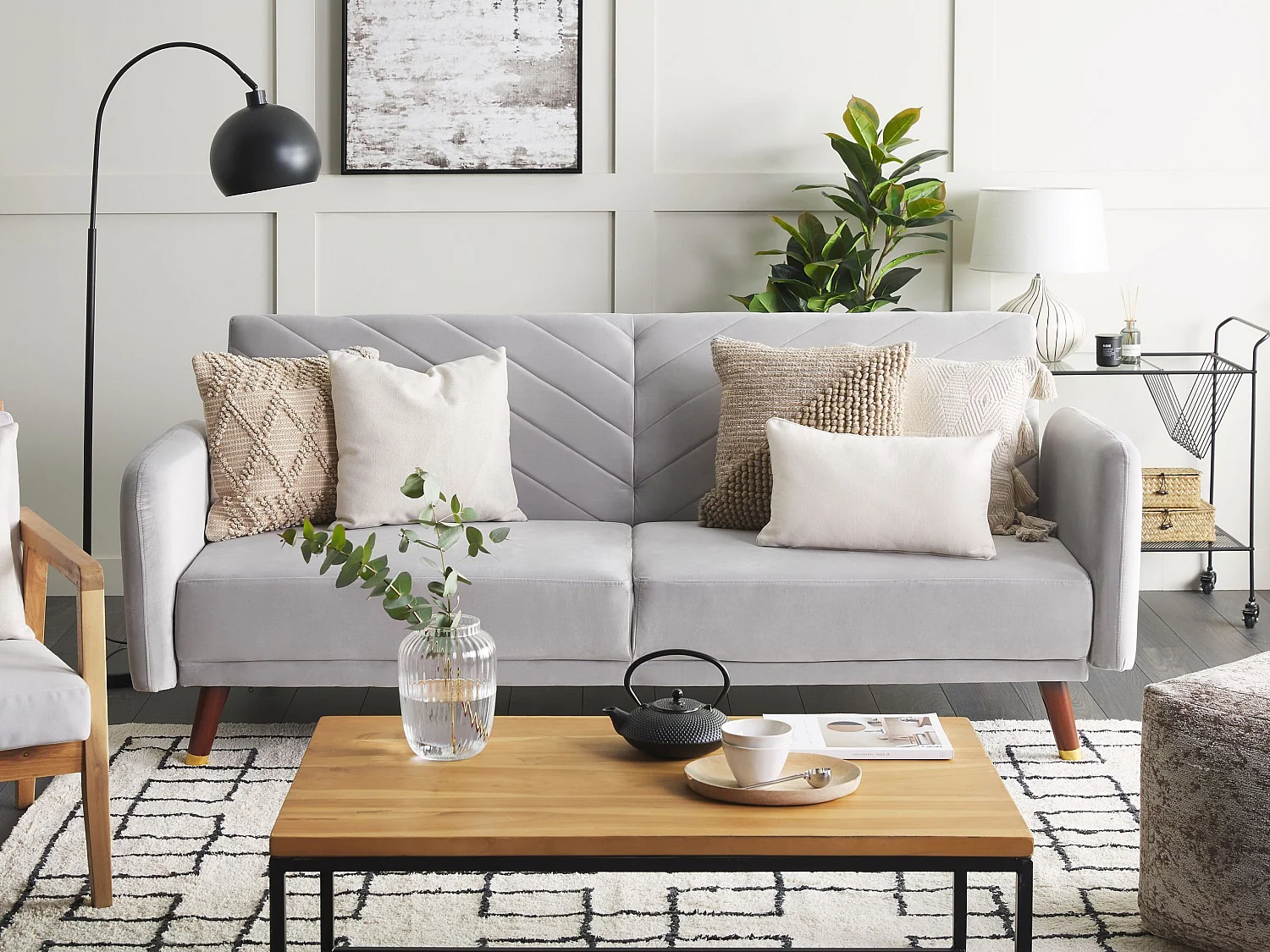 Praktisches Sofa klappbar mit Armlehnen Samtstoff hellgrau Senja