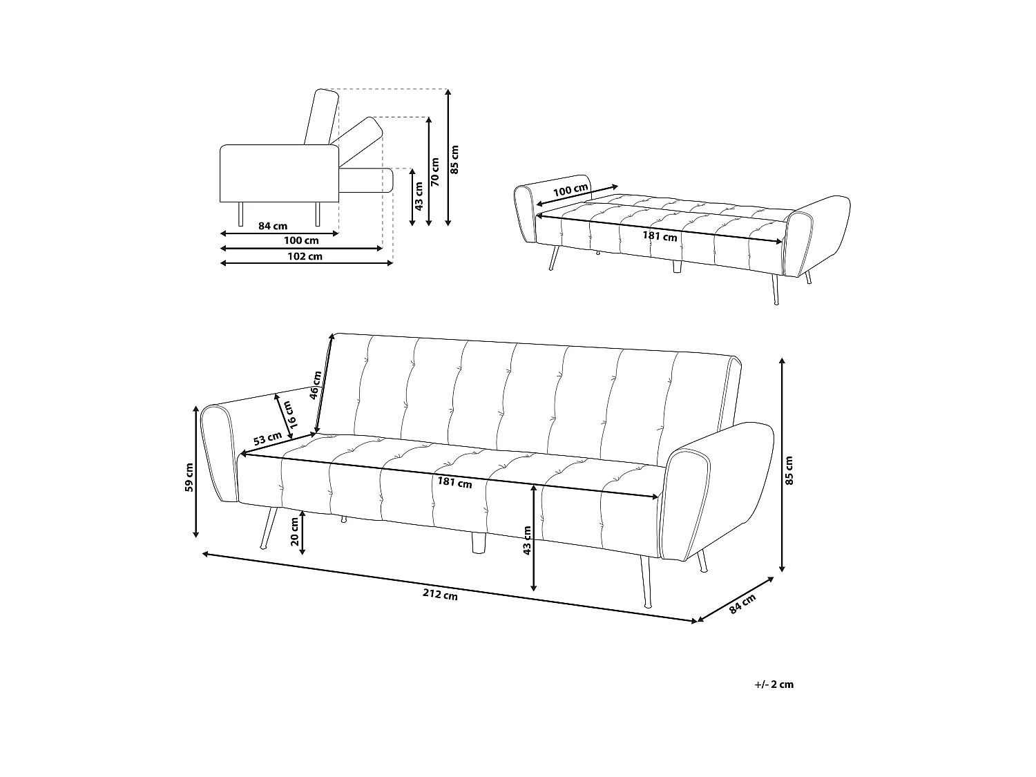 3-Sitzer Schlafsofa Samt blau gesteppt mit hohen Metallfüßen kupfer Selnes