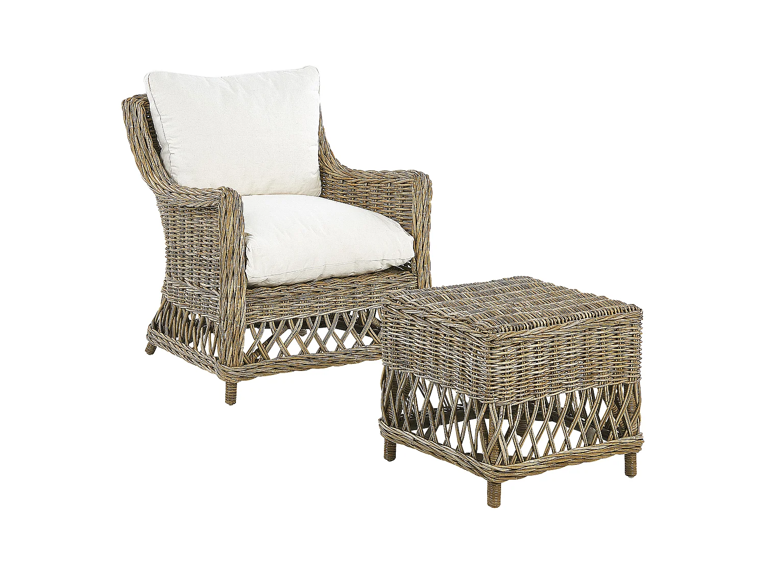 Gartensessel mit Hocker Rattan natürlich Auflagen cremeweiß Boho-Stil Ribolla