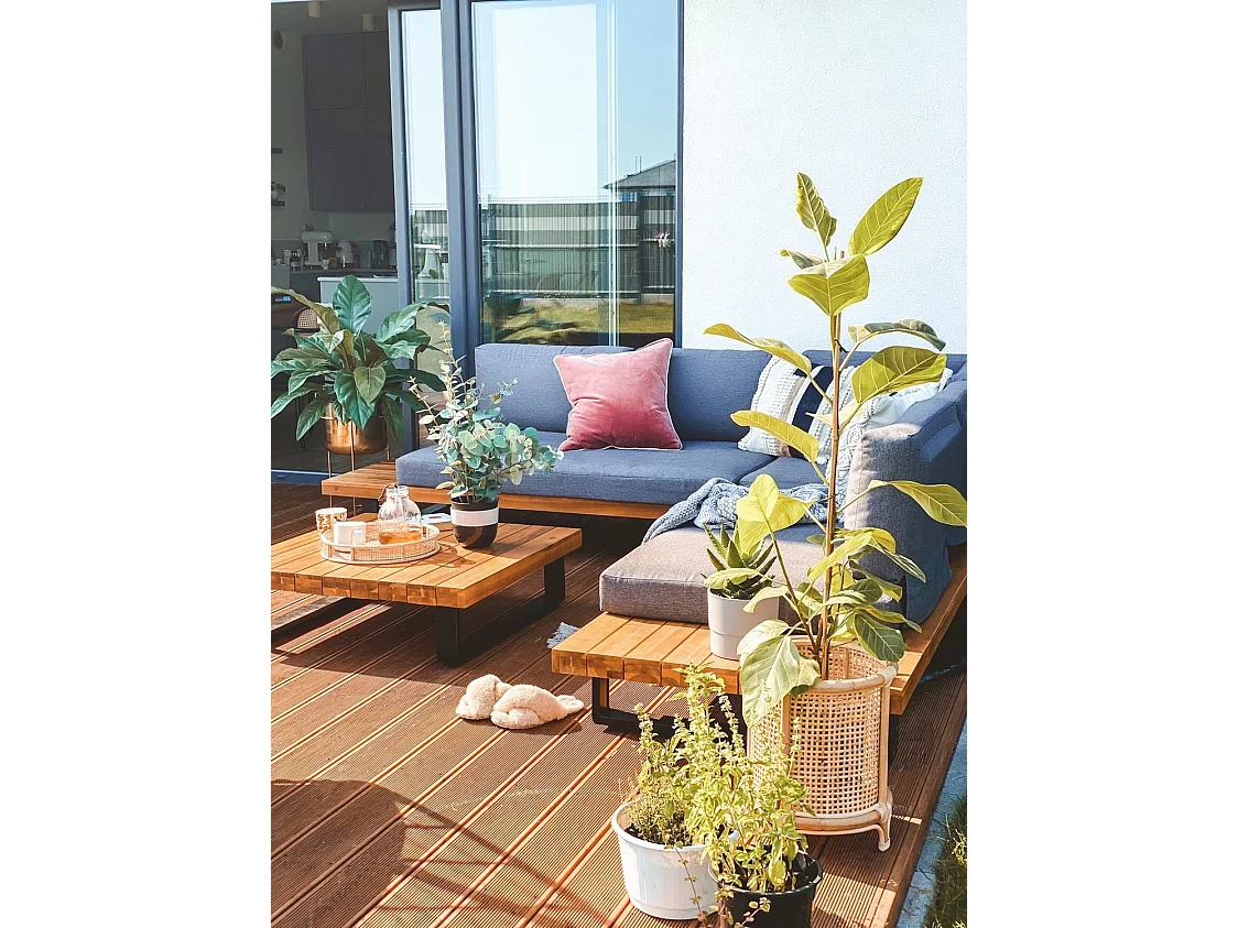 Conjunto de sofás de jardim de canto 5 lugares MYKONOS à direita Madeira de Acácia certificada Cinzento escuro